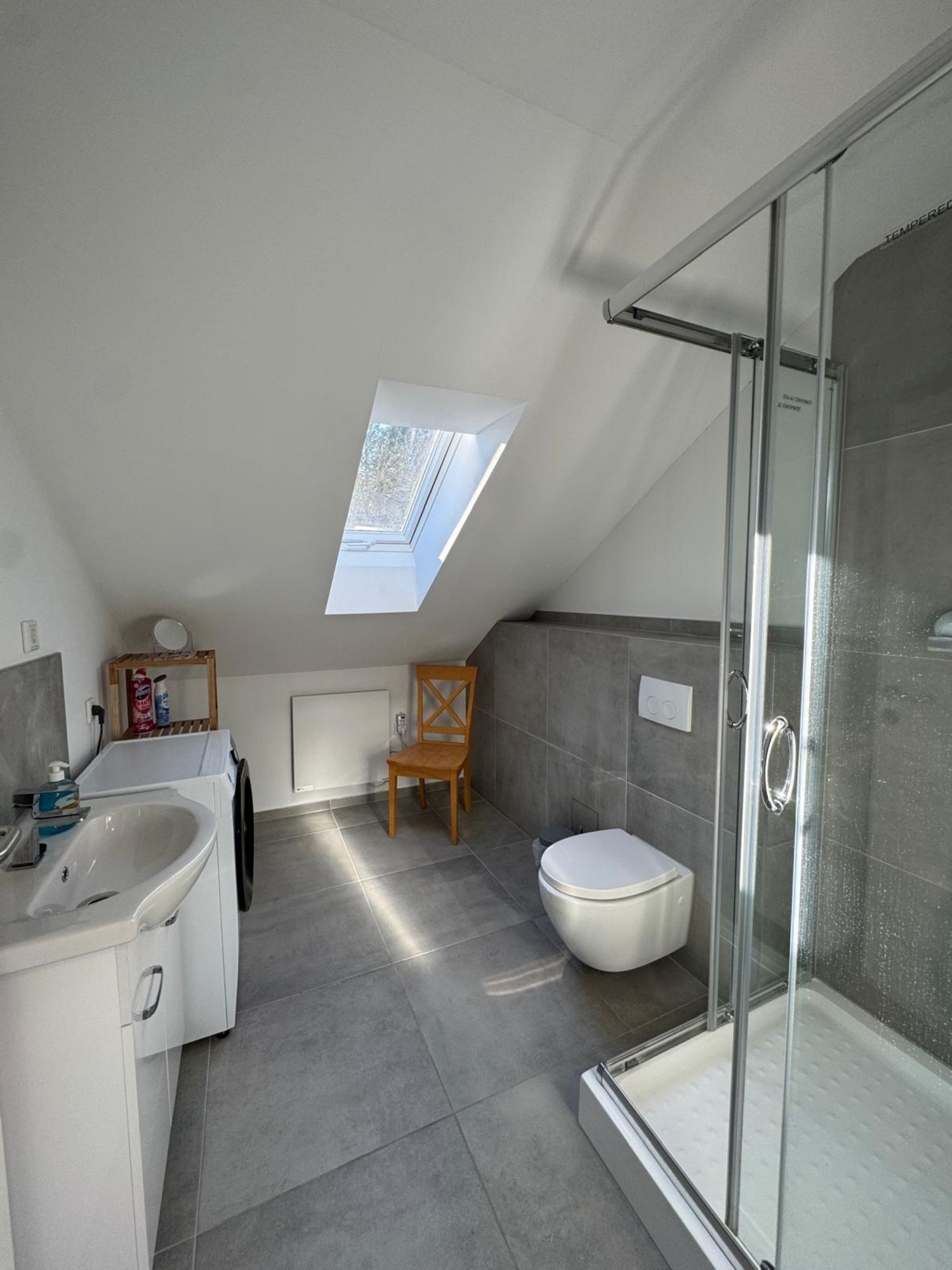 Modernes Badezimmer mit Dusche, WC und Waschmaschine